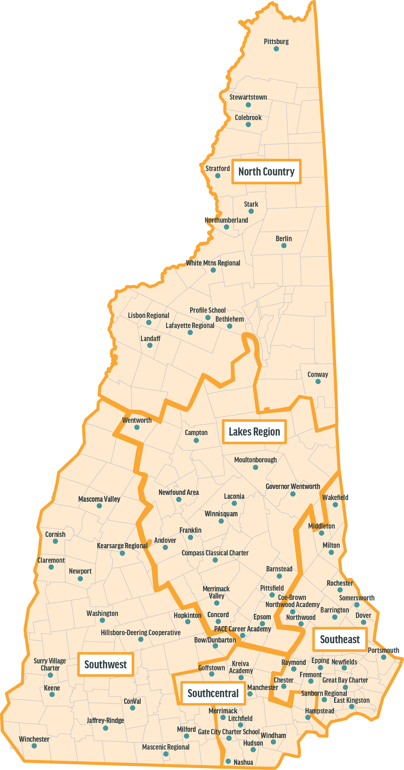 New Hampshire towns and state maps of schools involved in MTSSB
